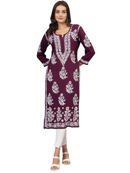 Womens Hand Embroidered Lucknowi Chikankari Modal Kurta-DC1002