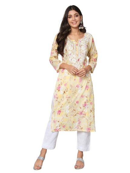 Women's Mulmul Fabric Floral Printed 3/4th Sleeve Round Neck Straight Kurta